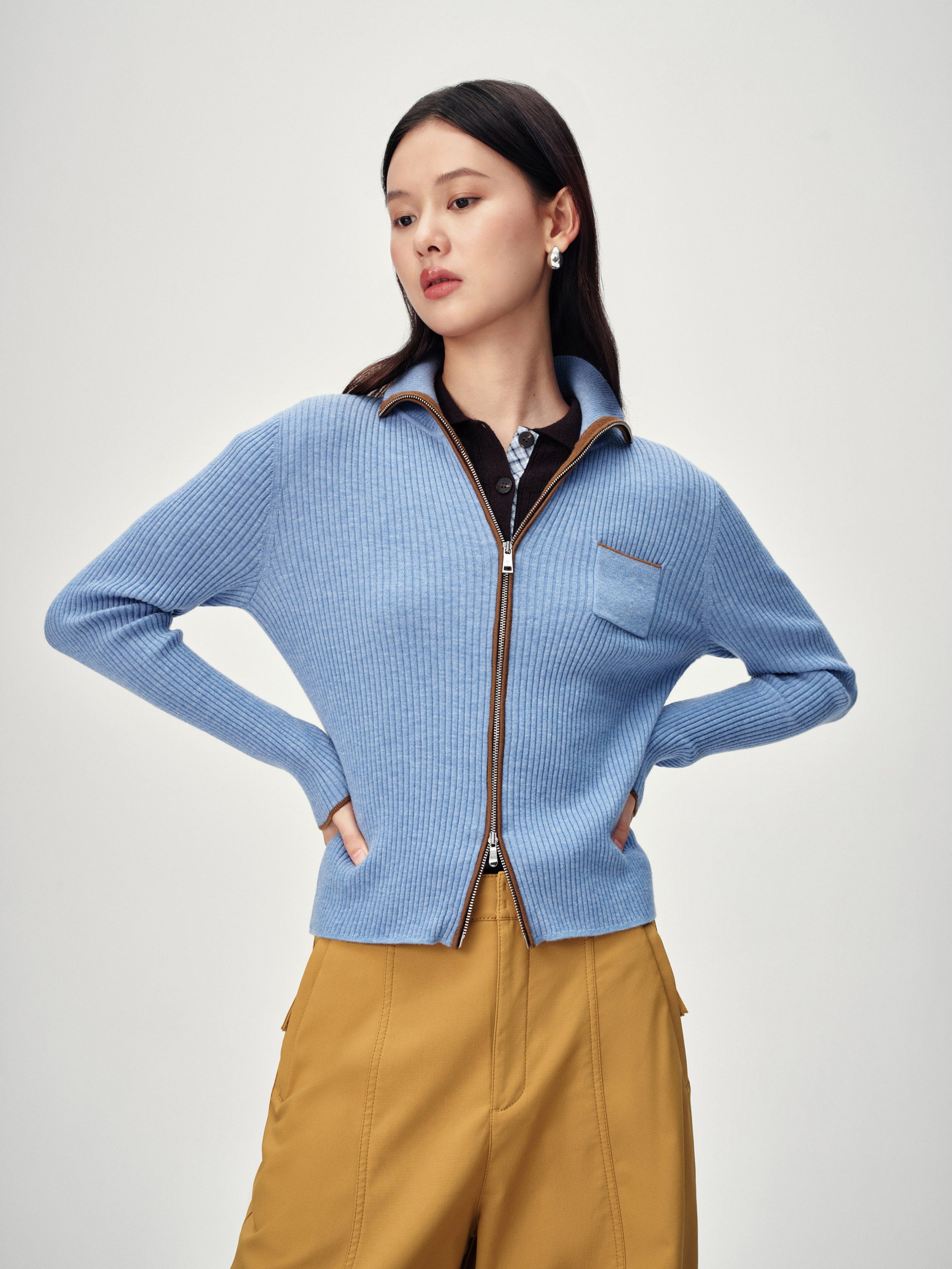 EP YAYING Colorblock Zip-Up Ribbed Stand Collar Cardigan
