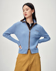 EP YAYING Colorblock Zip-Up Ribbed Stand Collar Cardigan