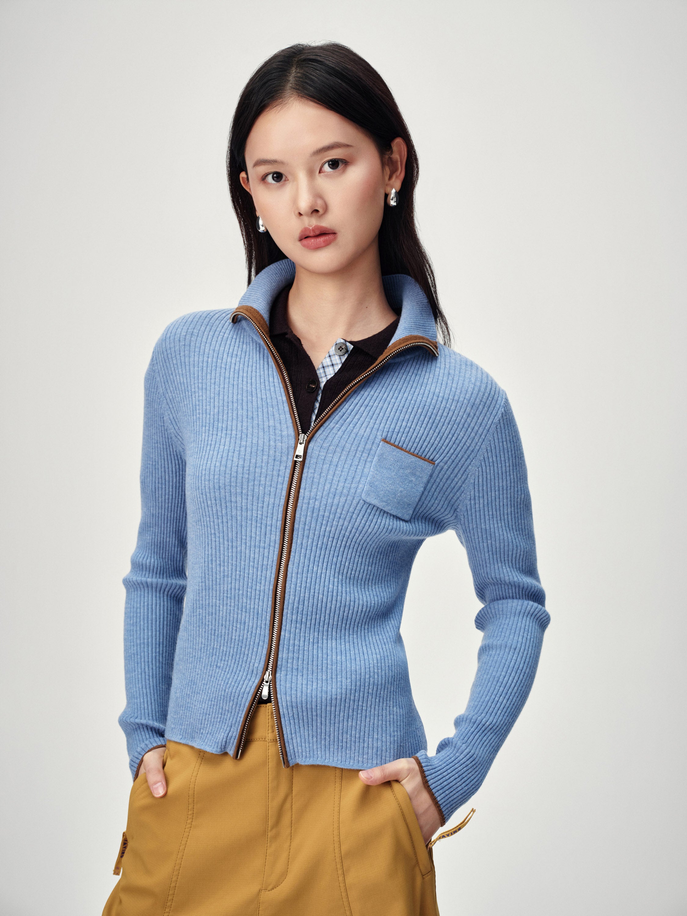 EP YAYING Colorblock Zip-Up Ribbed Stand Collar Cardigan