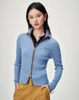 EP YAYING Colorblock Zip-Up Ribbed Stand Collar Cardigan
