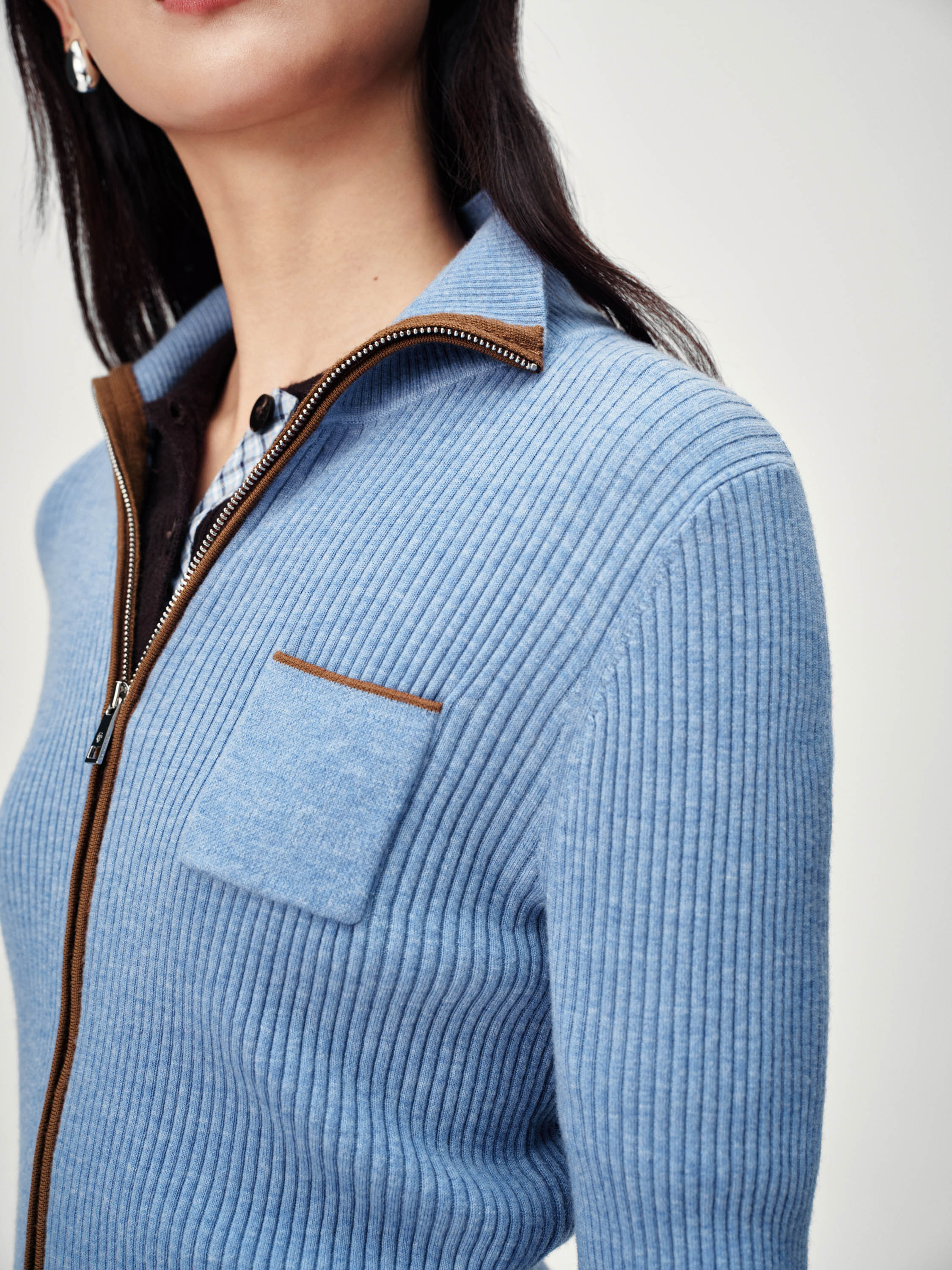 EP YAYING Colorblock Zip-Up Ribbed Stand Collar Cardigan