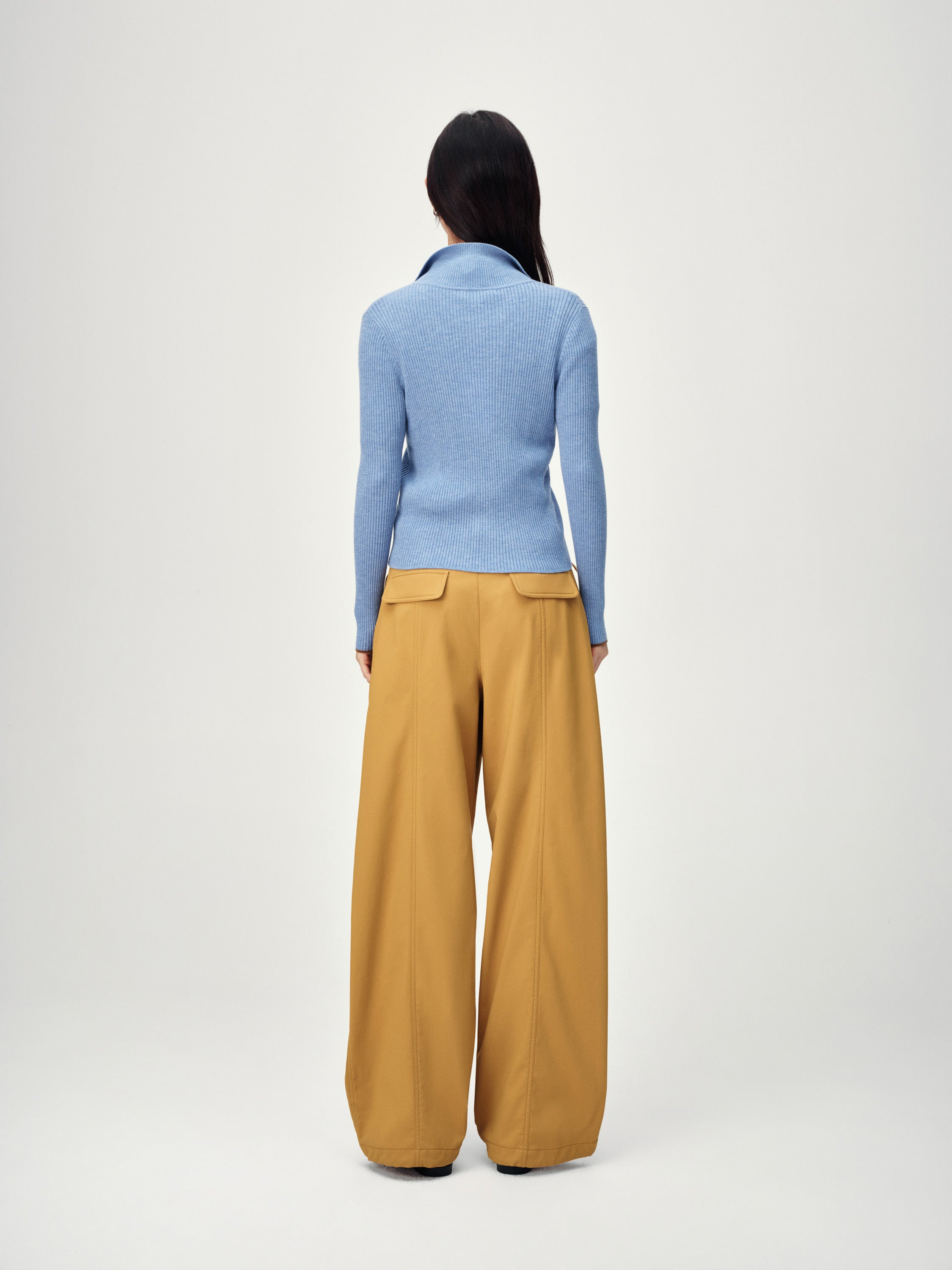 EP YAYING Colorblock Zip-Up Ribbed Stand Collar Cardigan