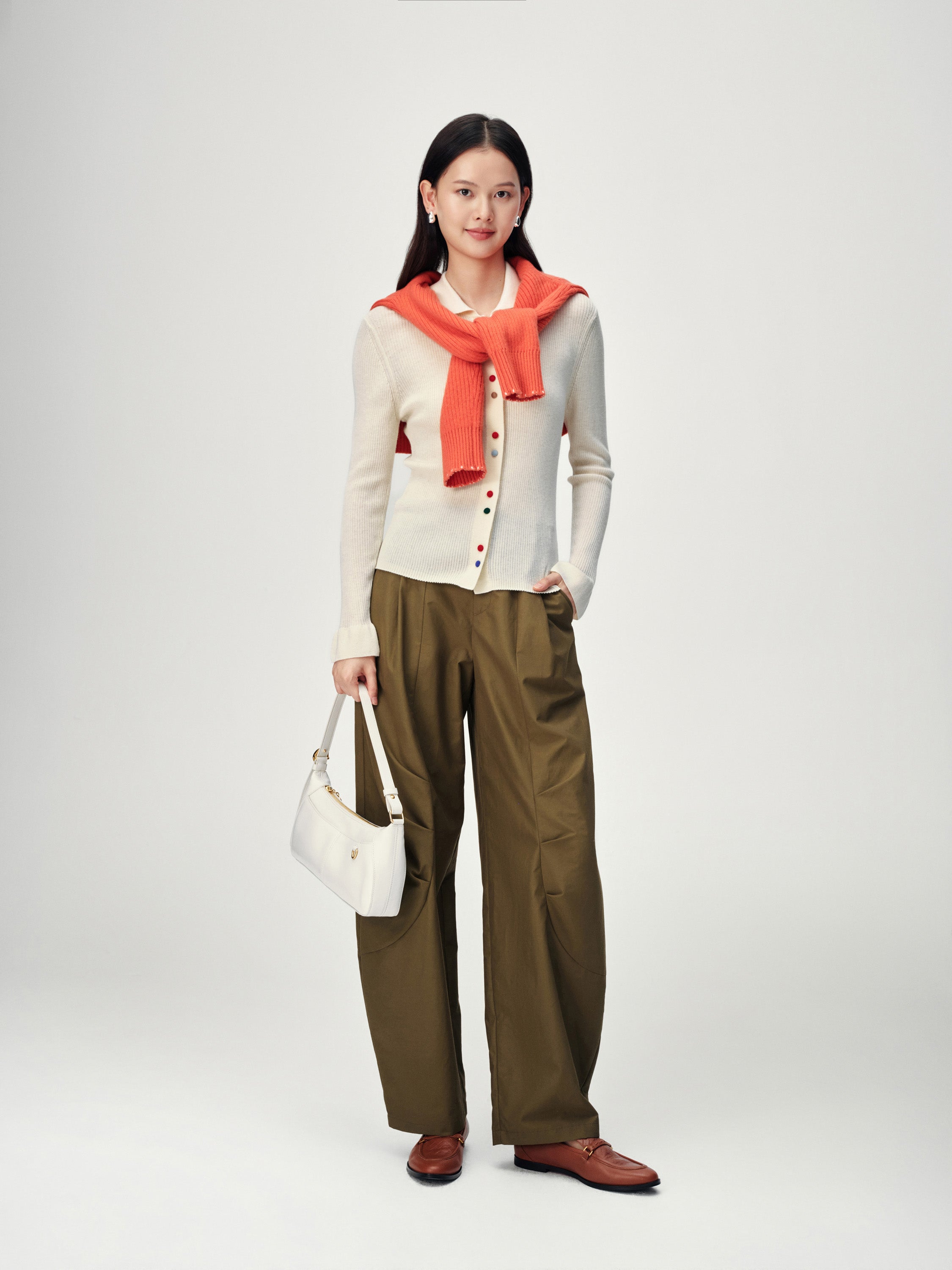 EP YAYING Polo Collar Waist-Fitted Cardigan