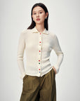 EP YAYING Polo Collar Waist-Fitted Cardigan