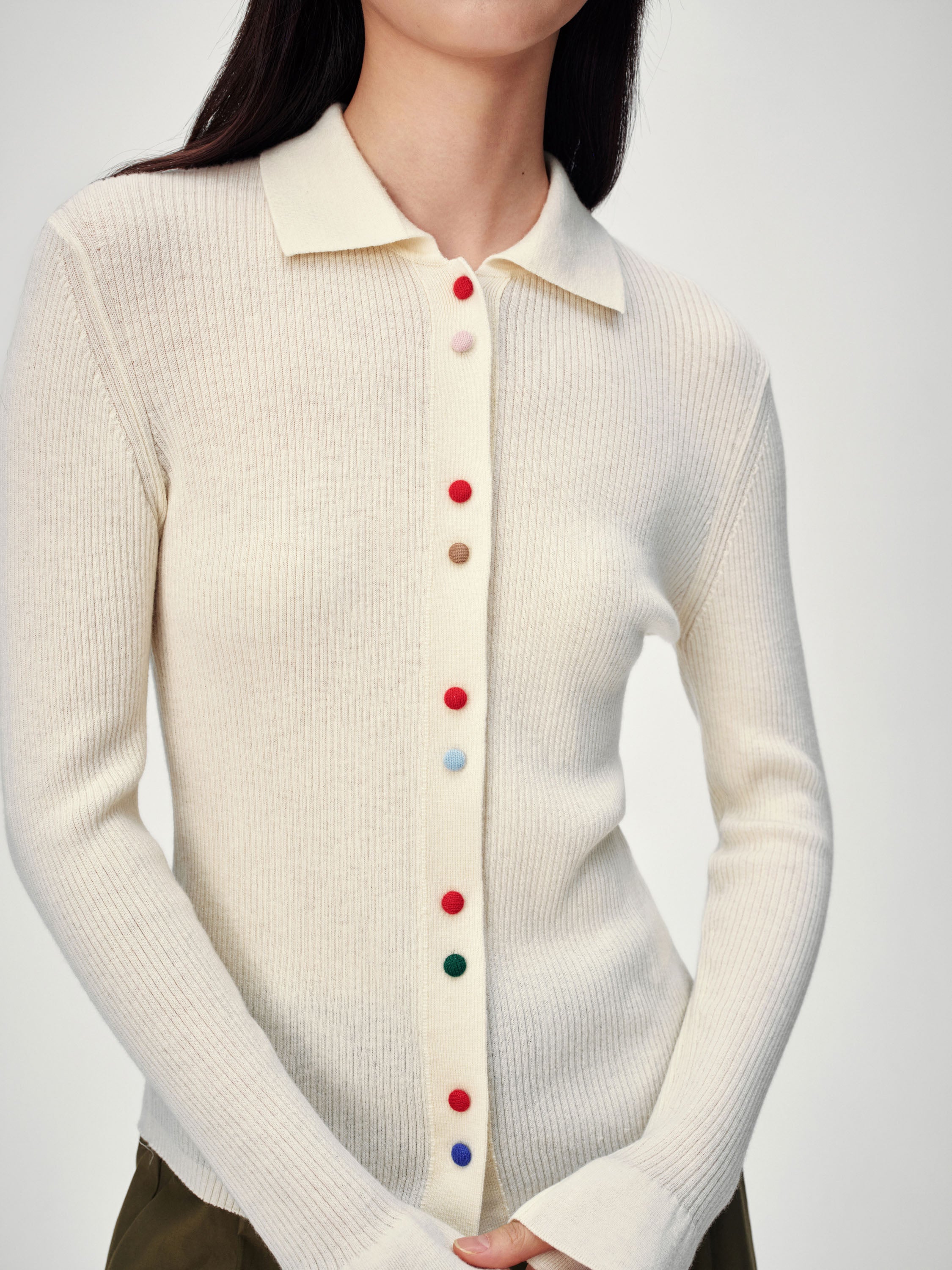 EP YAYING Polo Collar Waist-Fitted Cardigan