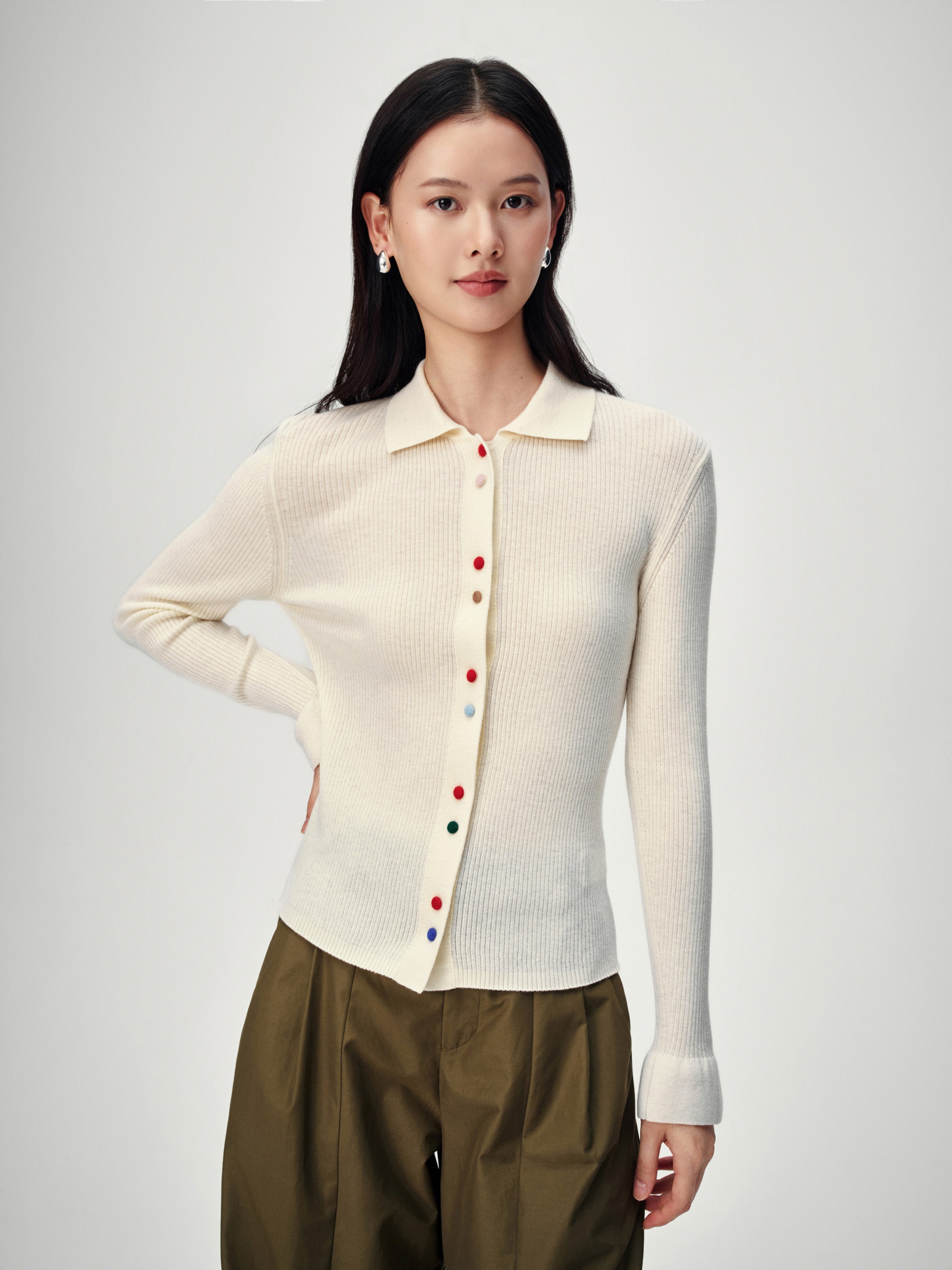 EP YAYING Polo Collar Waist-Fitted Cardigan