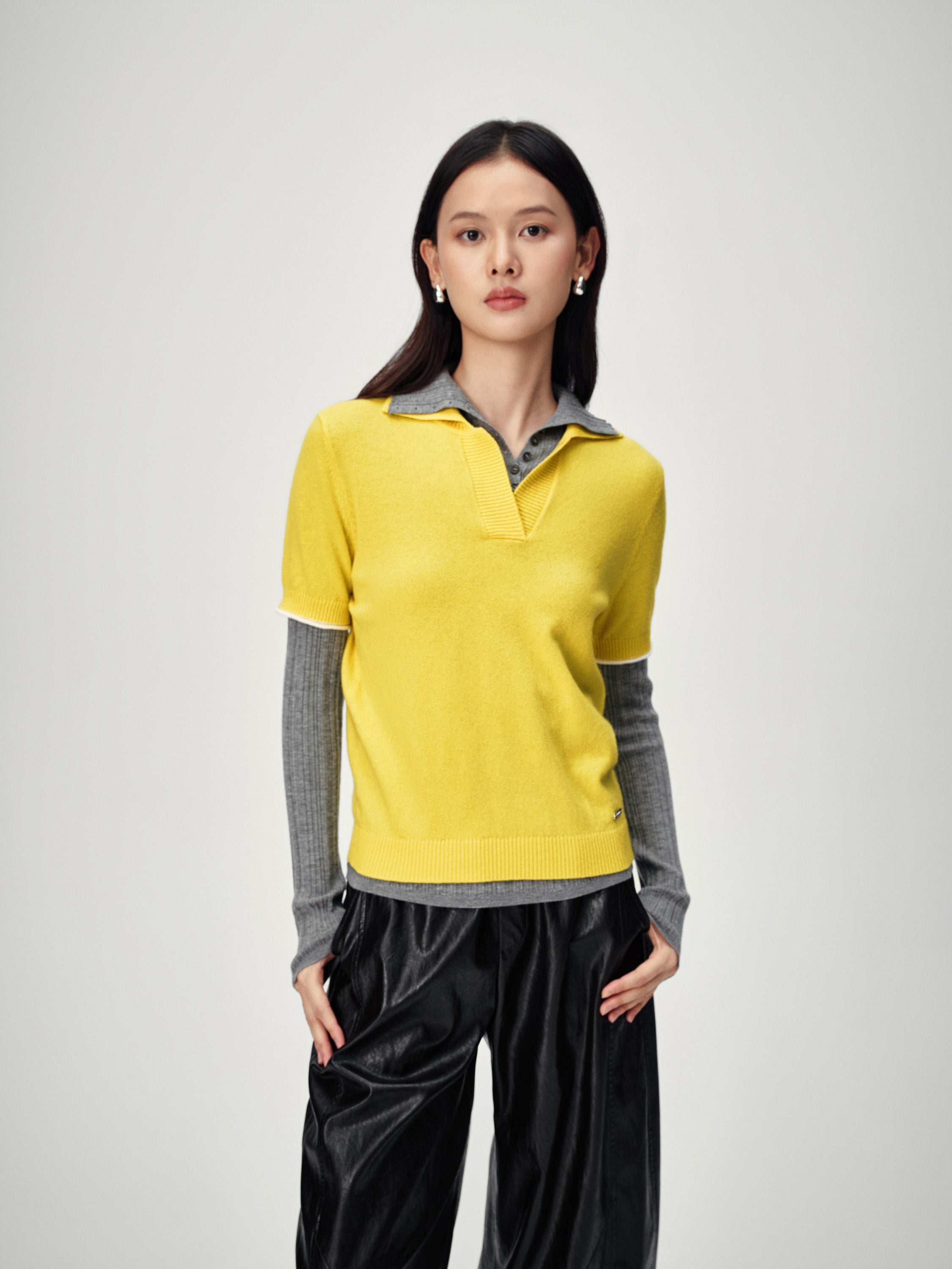 EP YAYING Stand Collar Cashmere Polo Sweater