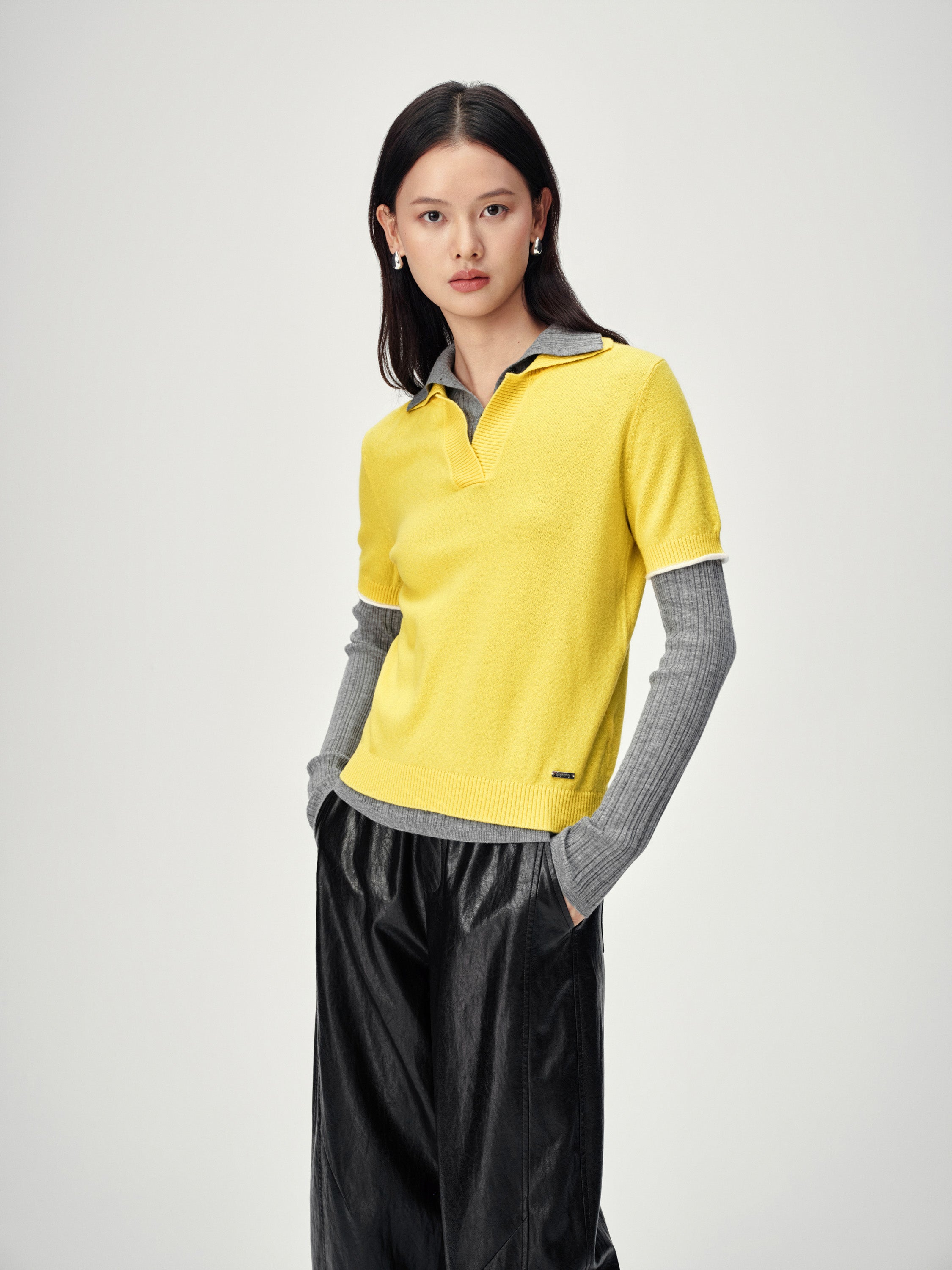 EP YAYING Stand Collar Cashmere Polo Sweater