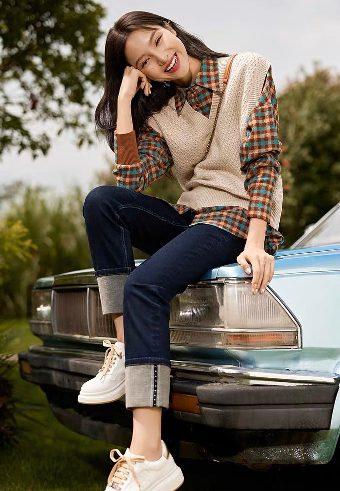 EP YAYING Undyed Cashmere Textured V-Neck Knit Vest