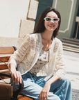 EP YAYING Openwork Cropped Bouclé Knit Cardigan