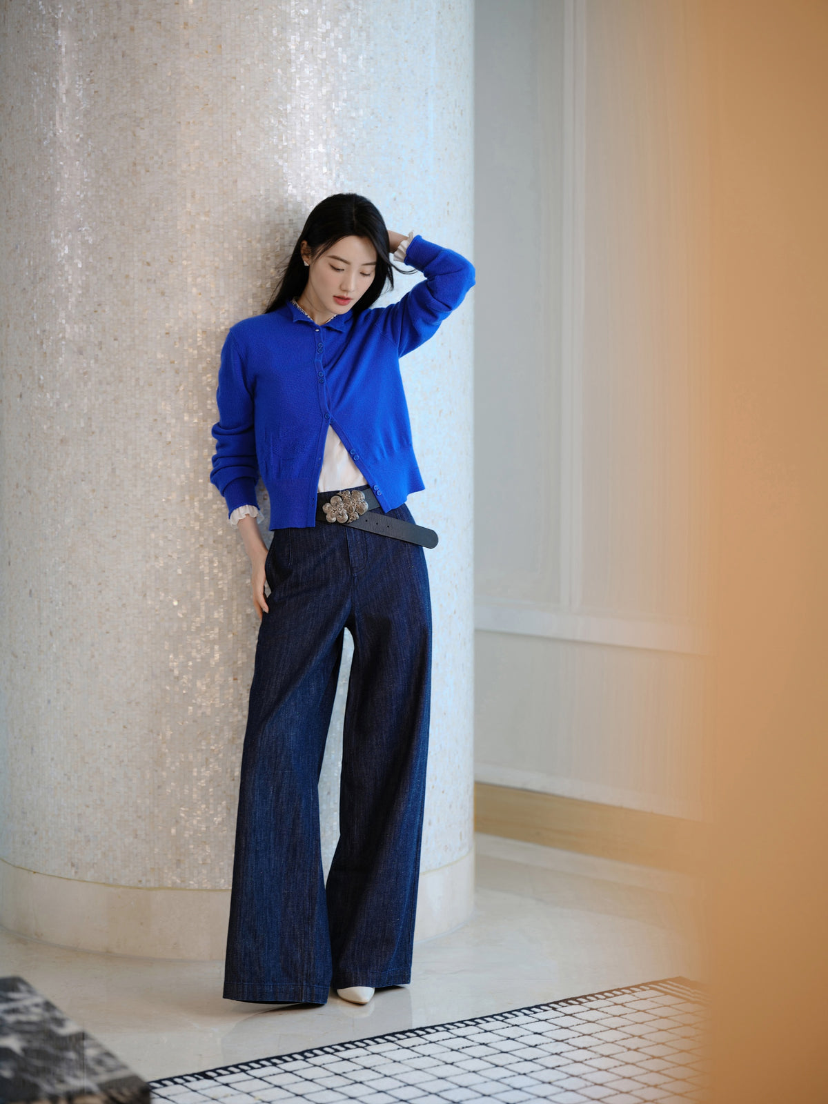 EP YAYING Blue Label 100% Cashmere Jacquard Knit Top