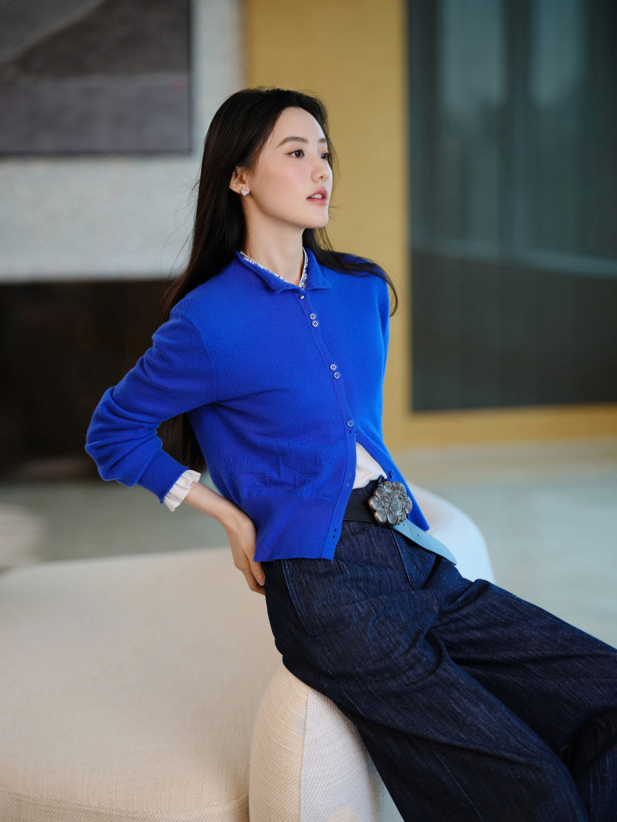 EP YAYING Blue Label 100% Cashmere Jacquard Knit Top