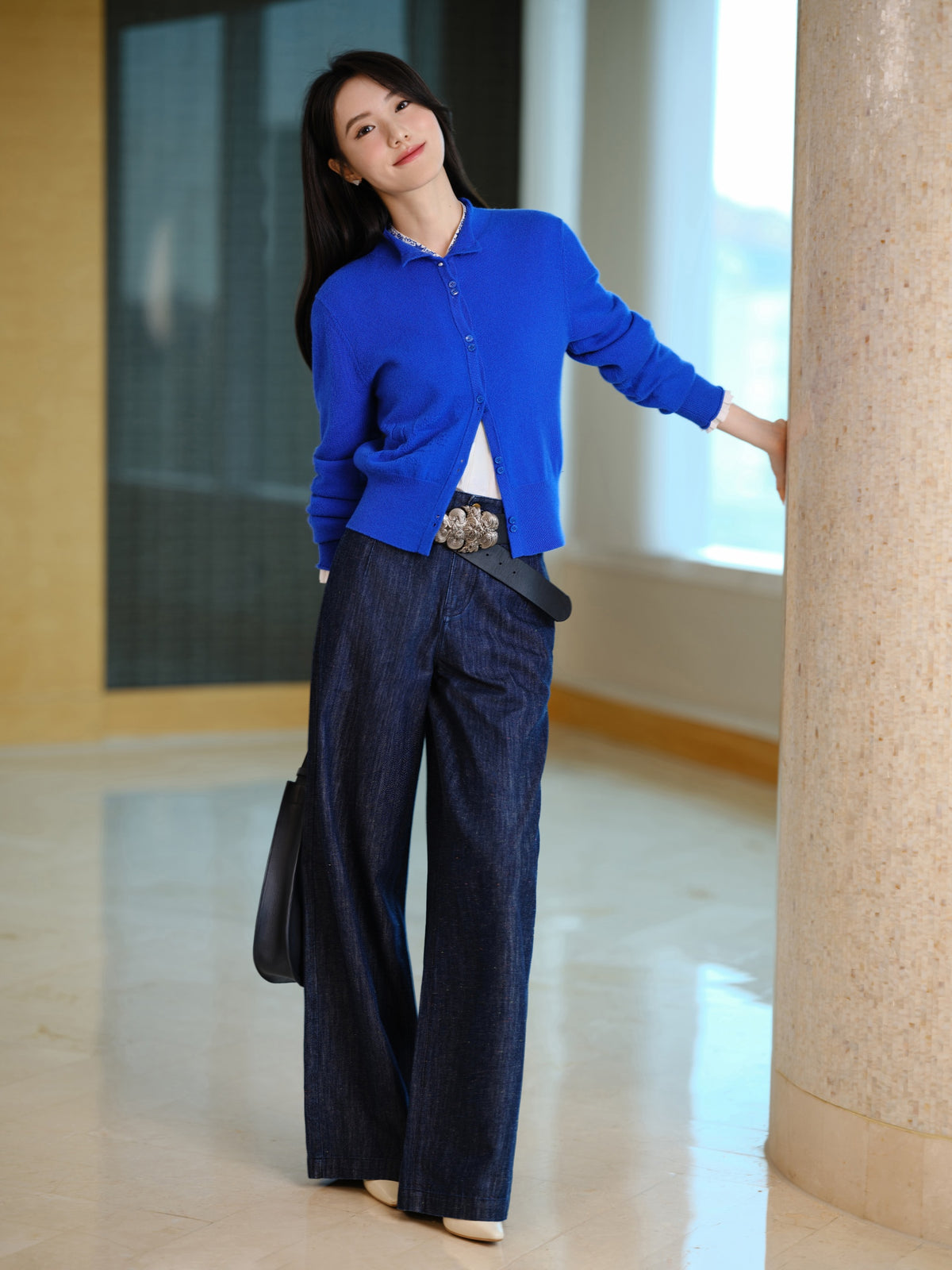 EP YAYING Blue Label 100% Cashmere Jacquard Knit Top