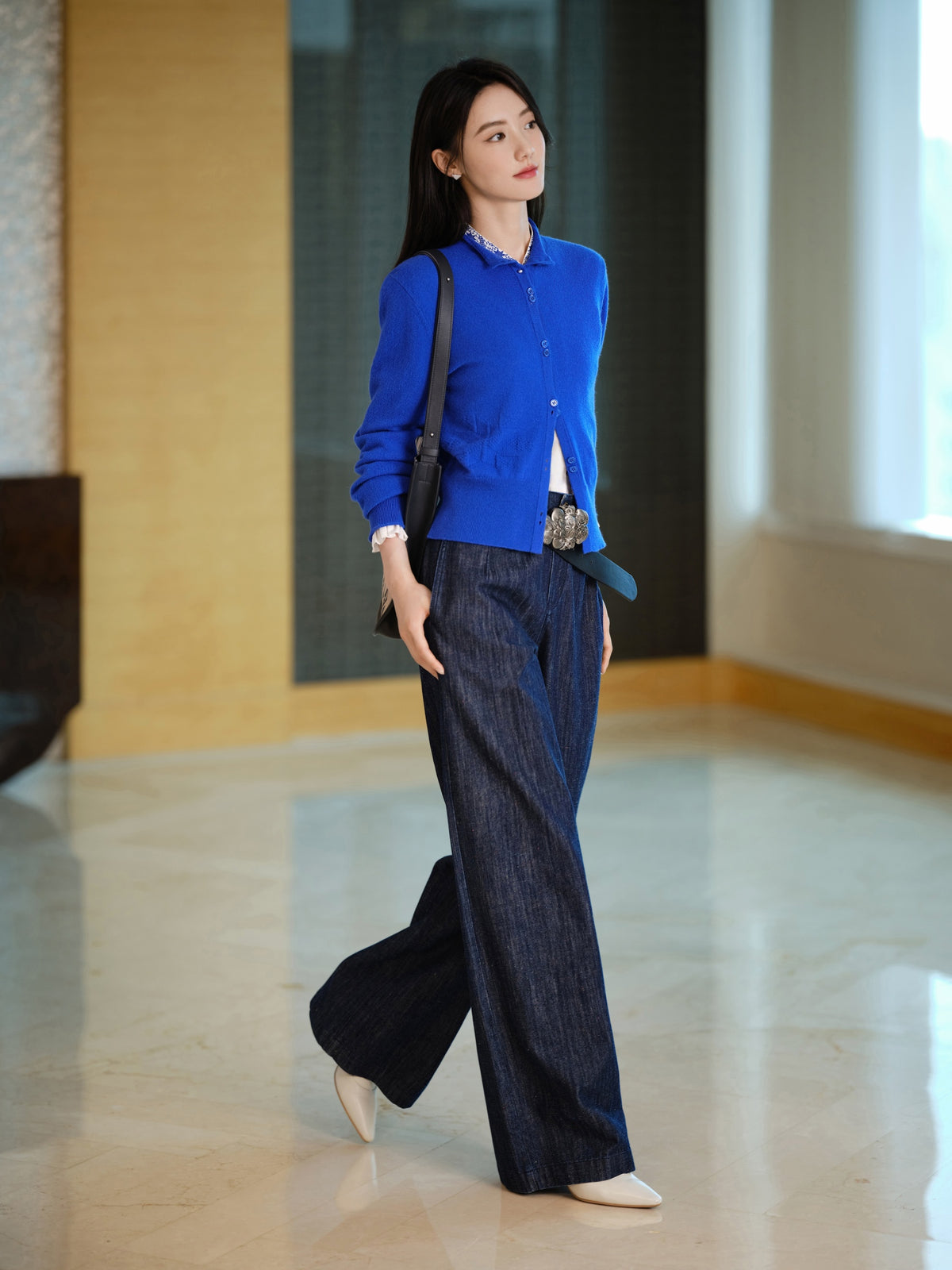EP YAYING Blue Label 100% Cashmere Jacquard Knit Top