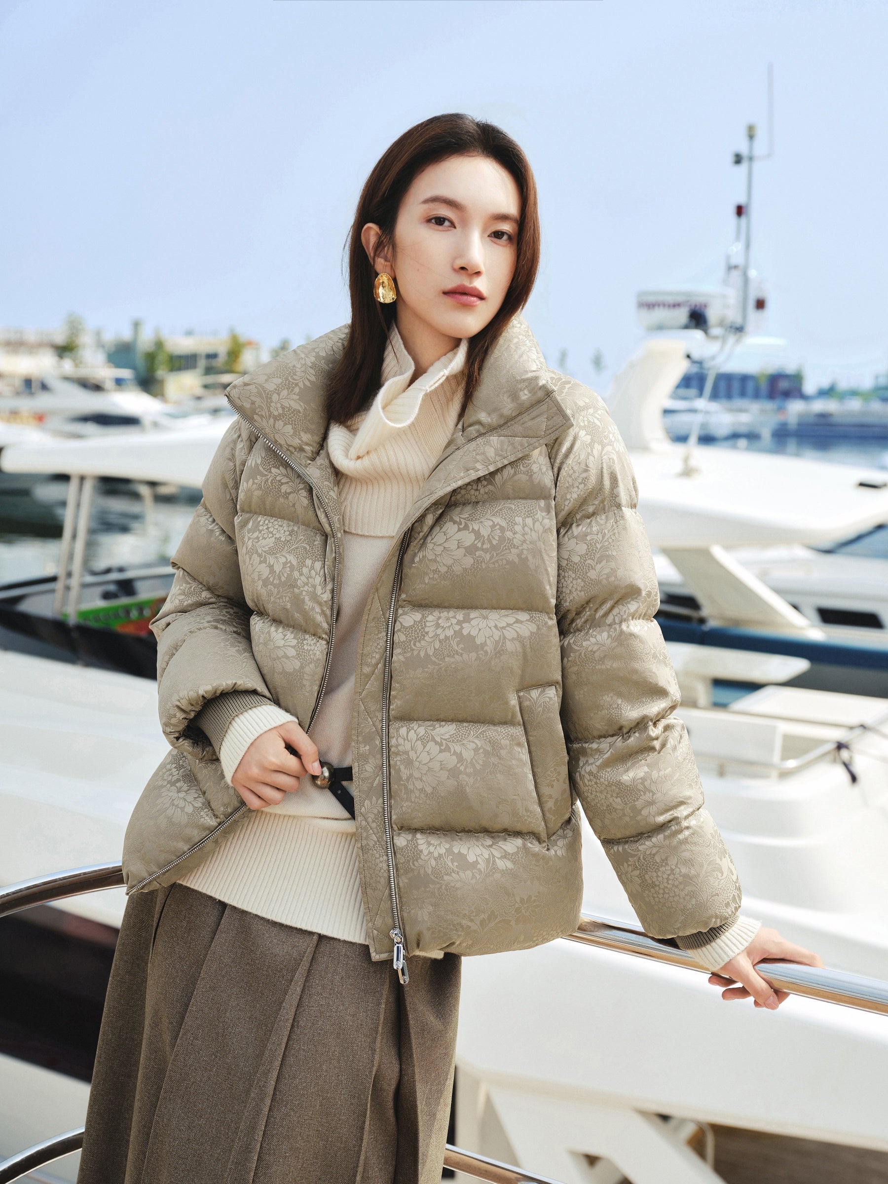 EP YAYING Silk Jacquard Stand-Collar Goose Down Coat
