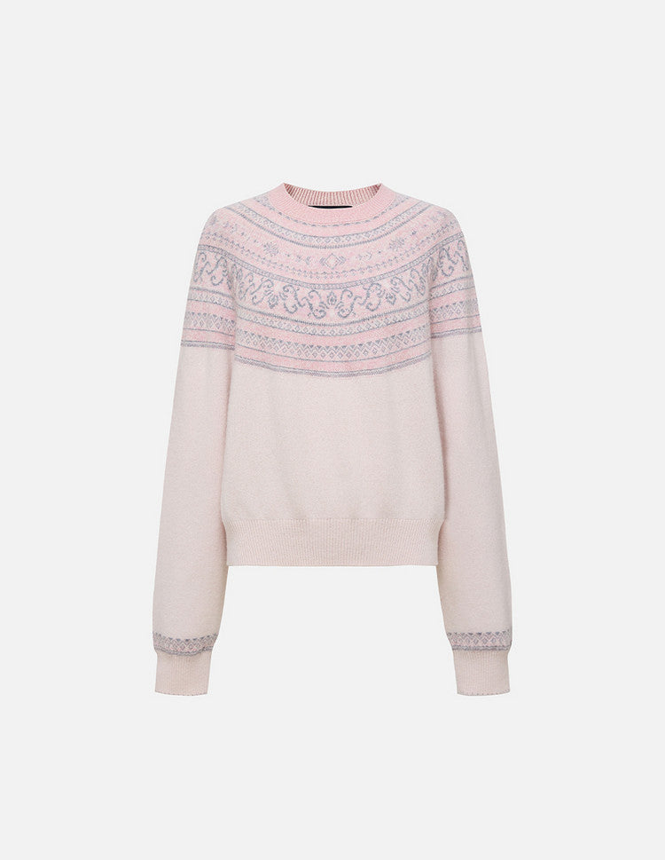 EP YAYING Folk Jacquard Pink Wool Sweater EGLAW9552A