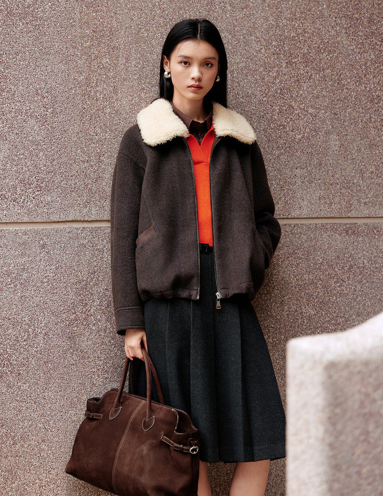 EP YAYING Lapel‑Collar Coffee‑Tone Yak‑Wool‑Blend Jacket EGLIR1515A