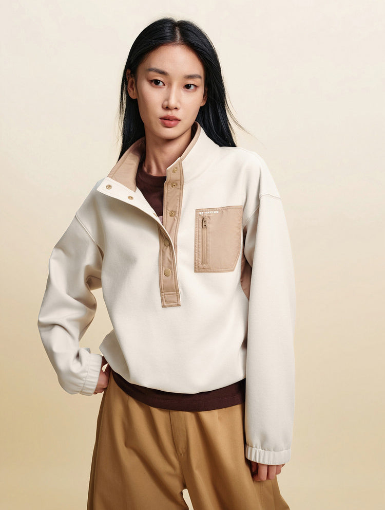 EP YAYING Double‑Faced Fleece Color‑Block Stand‑Collar Sweatshirt EGLIA5203A