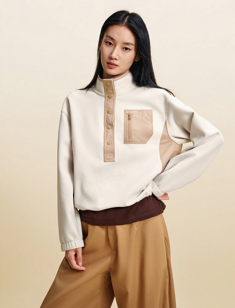 EP YAYING Double‑Faced Fleece Color‑Block Stand‑Collar Sweatshirt EGLIA5203A
