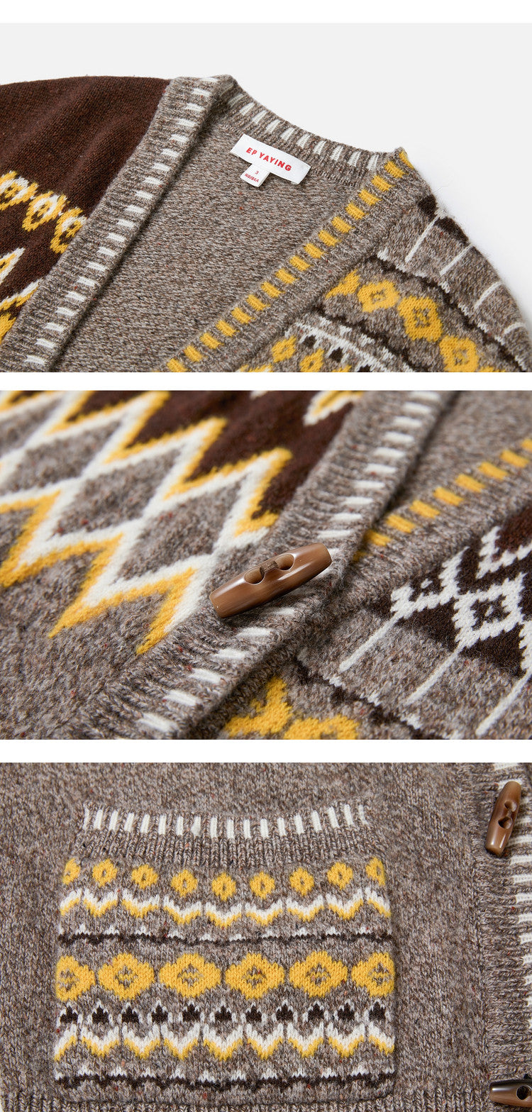 EP YAYING Relaxed‑Fit V‑Neck Jacquard Knit Cardigan in Wool‑Yak‑Wool Blend