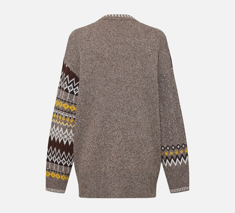 EP YAYING Relaxed‑Fit V‑Neck Jacquard Knit Cardigan in Wool‑Yak‑Wool Blend