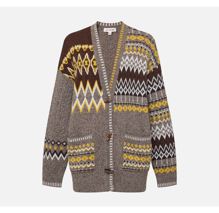 EP YAYING Relaxed‑Fit V‑Neck Jacquard Knit Cardigan in Wool‑Yak‑Wool Blend