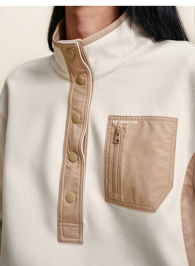 EP YAYING Double‑Faced Fleece Color‑Block Stand‑Collar Sweatshirt EGLIA5203A