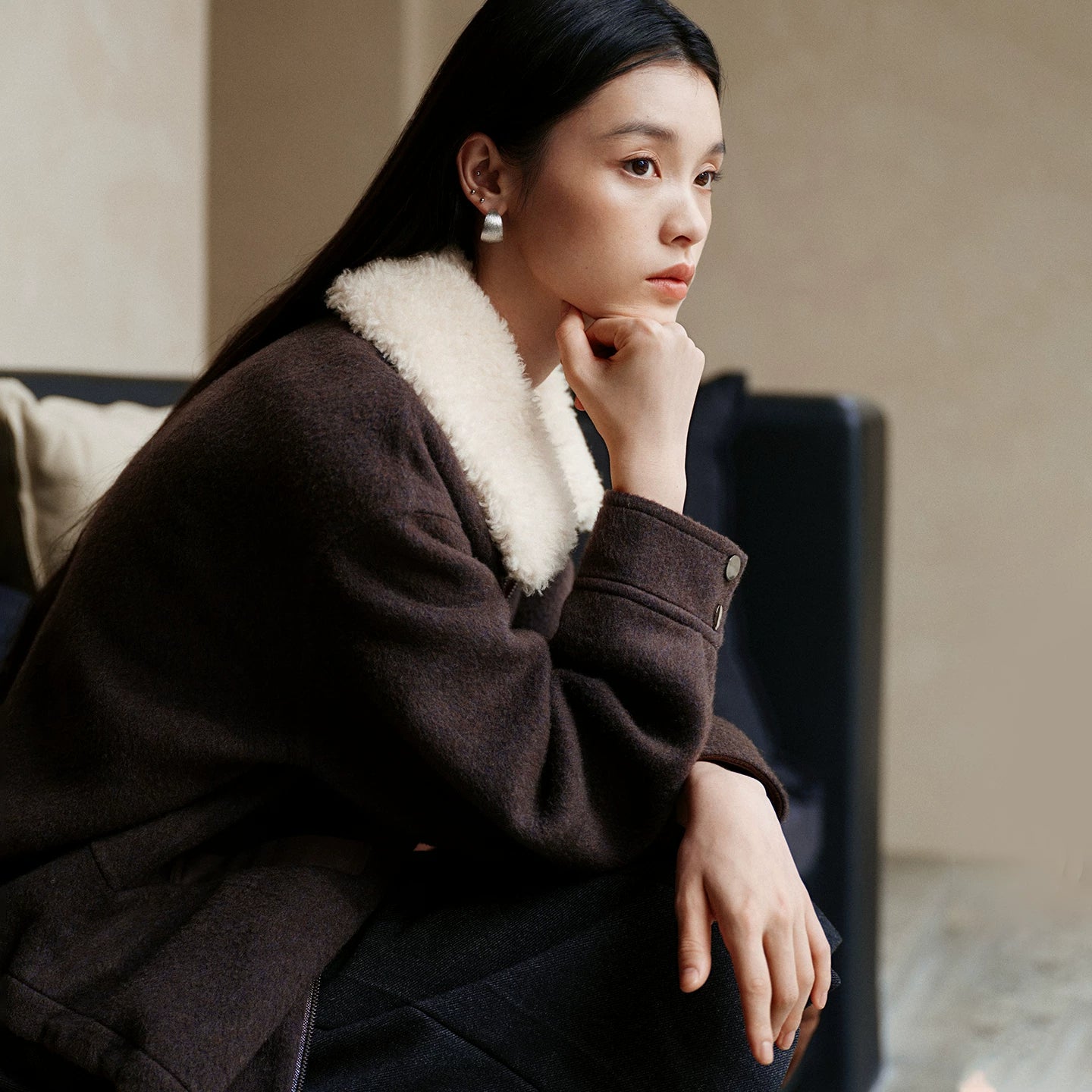 EP YAYING Lapel‑Collar Coffee‑Tone Yak‑Wool‑Blend Jacket EGLIR1515A