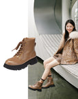 EP YAYING Leather Platform Lace Up Boots