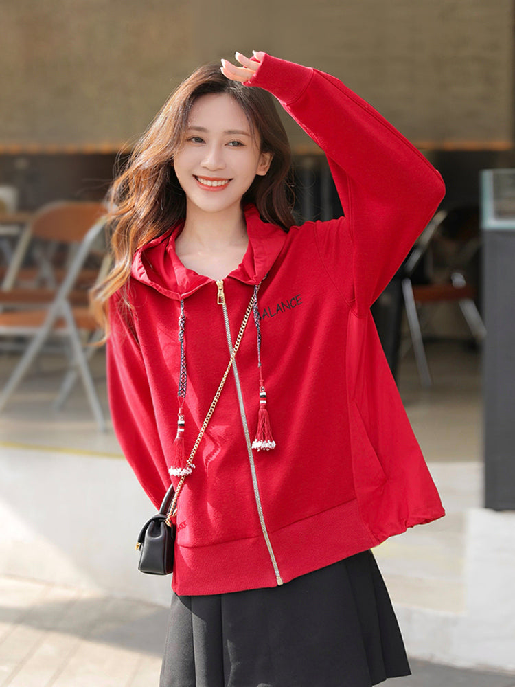 EP YAYING Hooded Cardigan With Embroideried Drawstring
