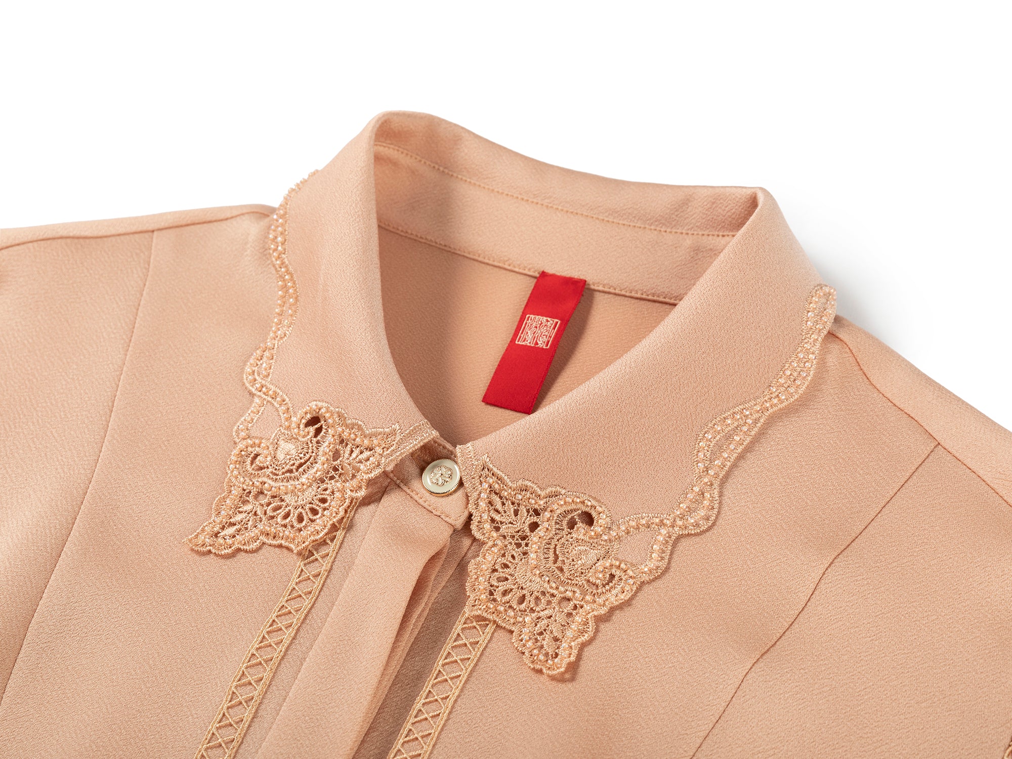 YAYING Embroidered Collar Silky Crop Shirt