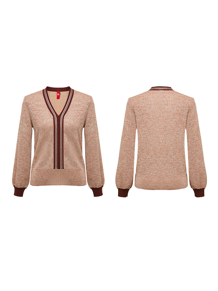 YAYING Contrasting Color V-Neck Knit Sweater