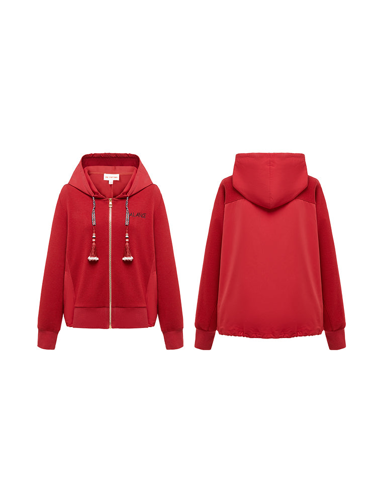 EP YAYING Hooded Cardigan With Embroideried Drawstring