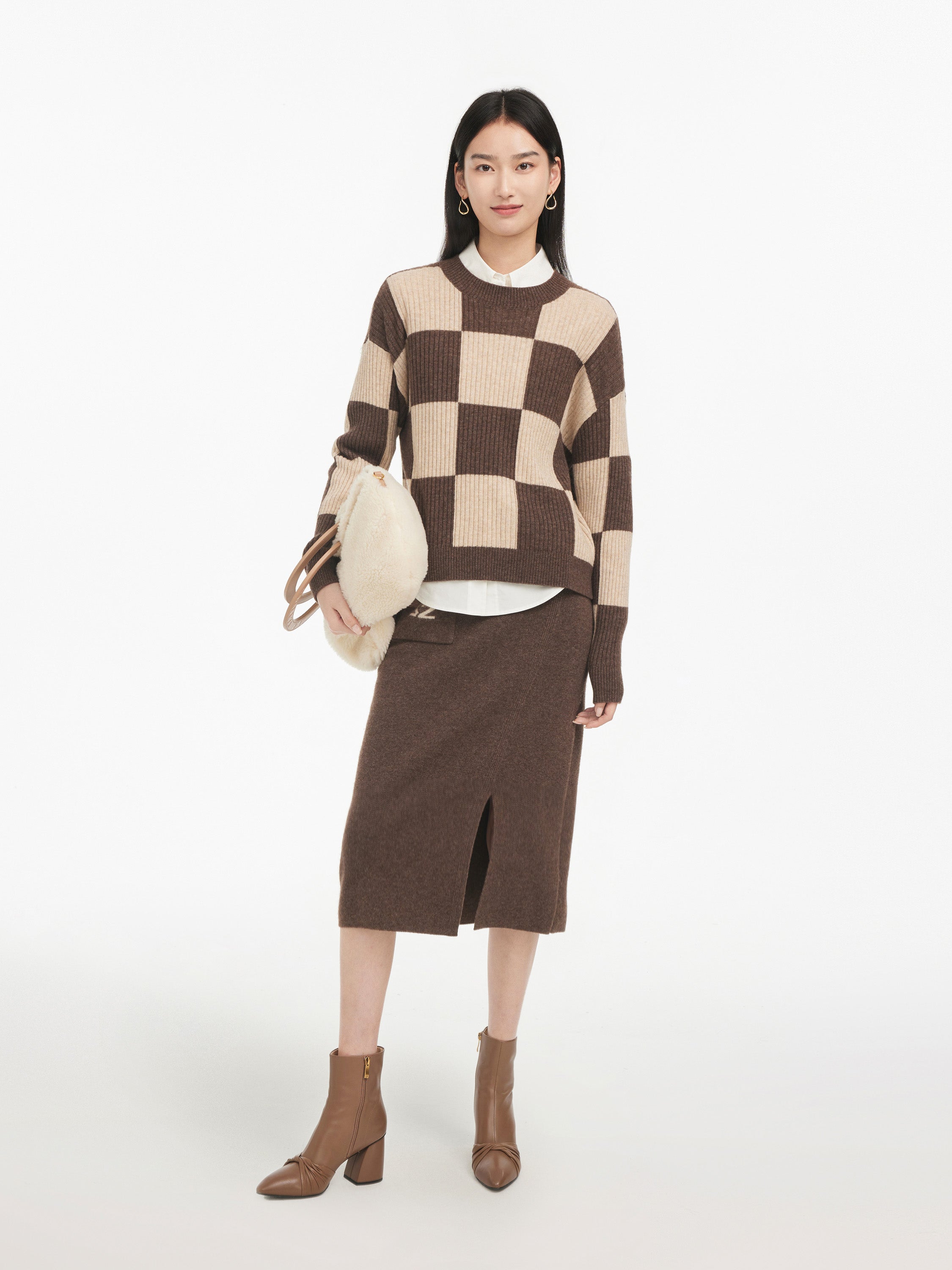 EP YAYING Yak Wool Checked Sweater