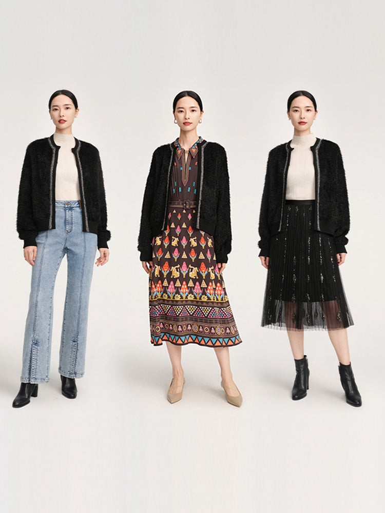 YAYING Cropped Black Knitted Cardigan