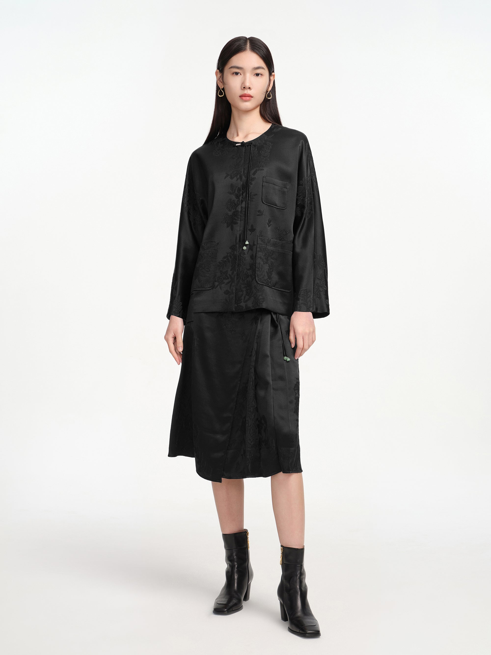 EP YAYING Mulberry Silk Embossed Midi Skirt