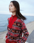 EP YAYING Retro Style Polo Jacquard Sweater